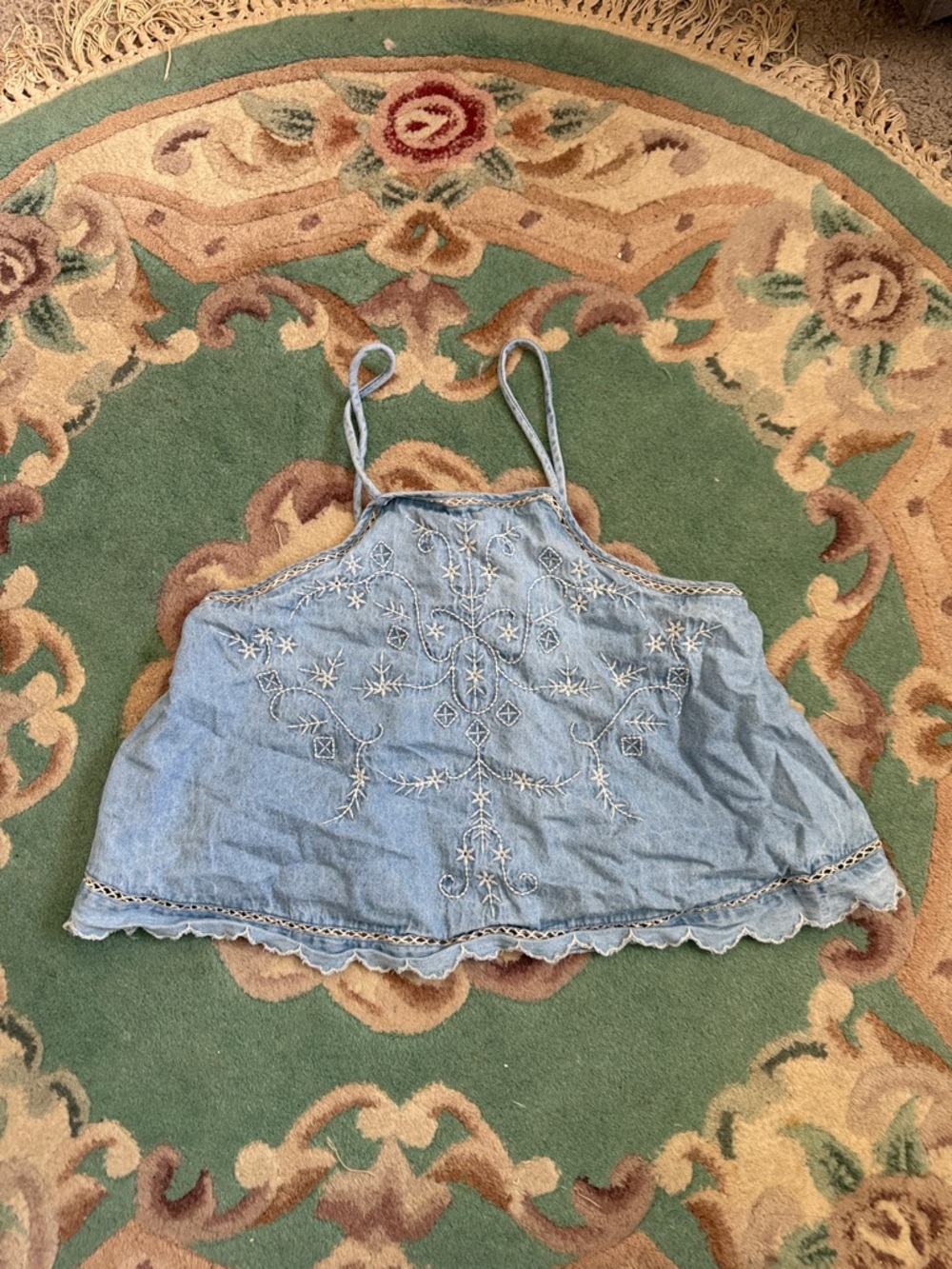 100% cotton American Eagle Outfitters Light Blue Embroidered Denim Crop Tank